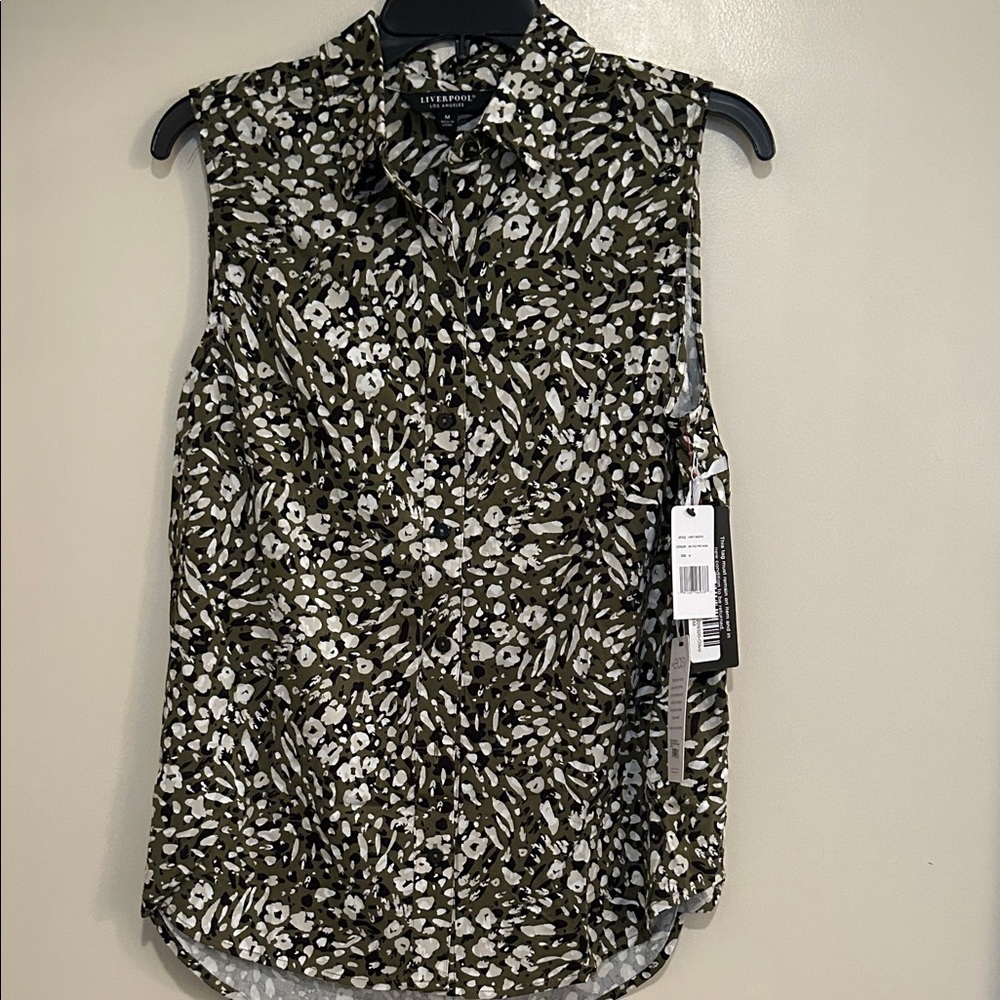 Liverpool Olive and White Floral Sleeveless Blouse